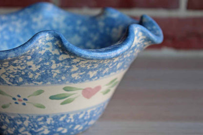 Heavy Ceramic Blue Spongeware Wavy-Rimmed Bowl with Repeating Band of Hearts and Flowers