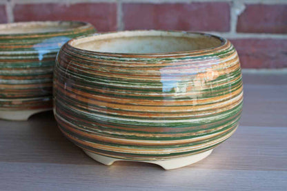 Colorful Striped Ceramic Planters, A Pair