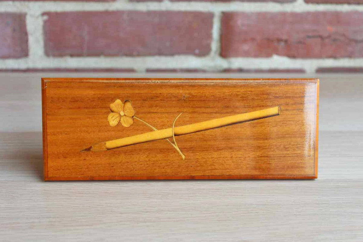 Wood Inlay Pencil Box with Hinged Lid