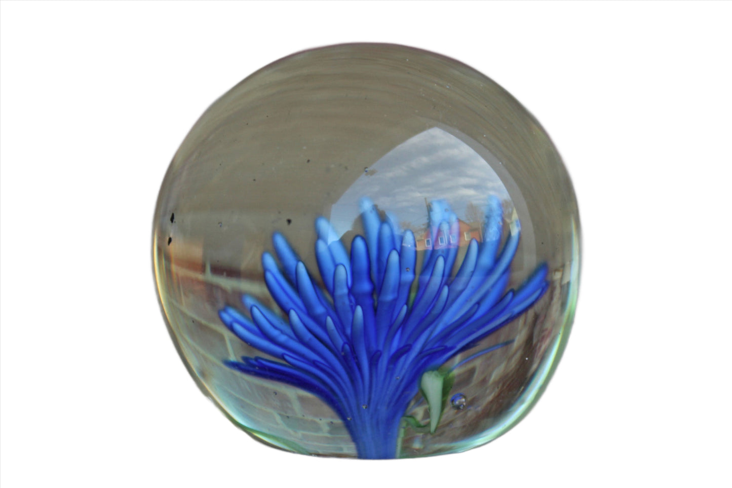 Little Solid Glass Paperweight with Blue Flower
