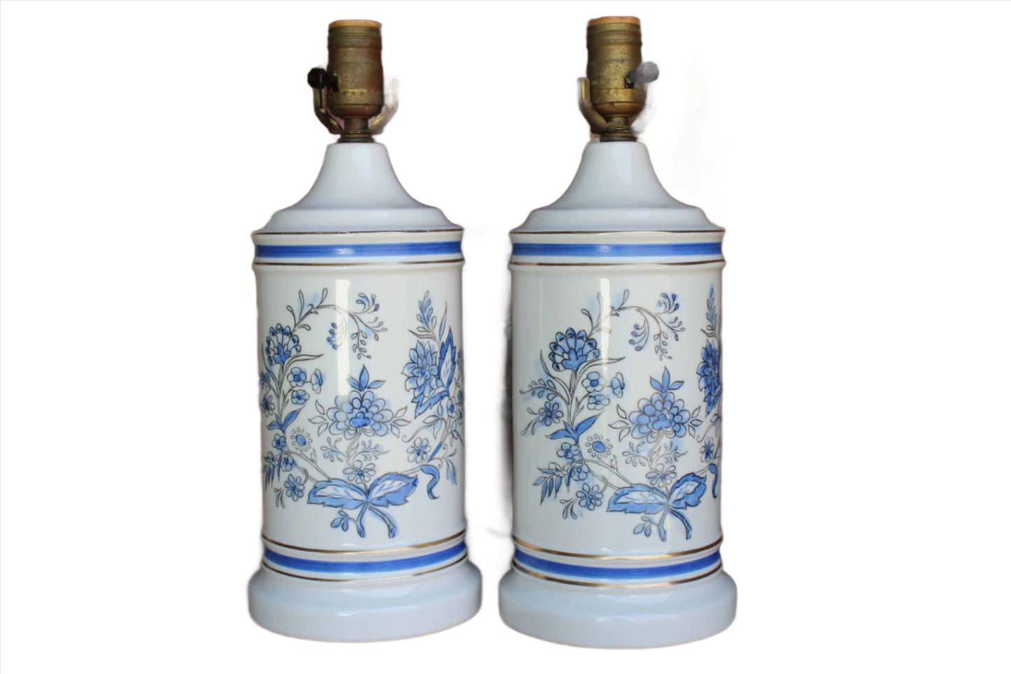 Matching Pair of Ceramic Lamps Painted with Blue Flowers