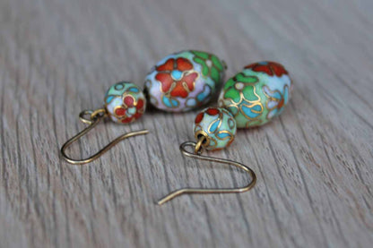 Cloisonne Bead Floral Dangle Pierced Earrings in Shades of Pink, Green, Blue and Orange