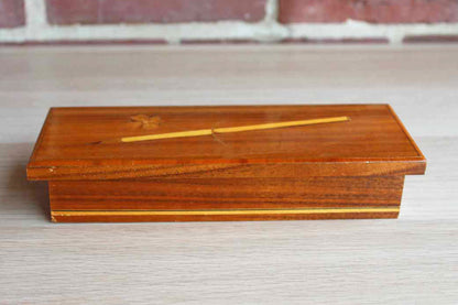 Wood Inlay Pencil Box with Hinged Lid