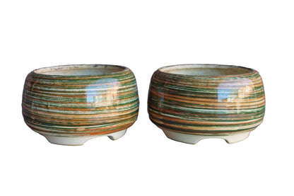 Colorful Striped Ceramic Planters, A Pair