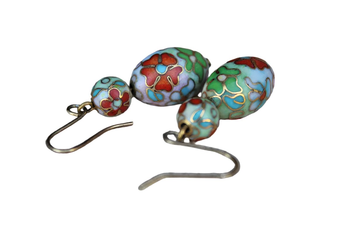 Cloisonne Bead Floral Dangle Pierced Earrings in Shades of Pink, Green, Blue and Orange