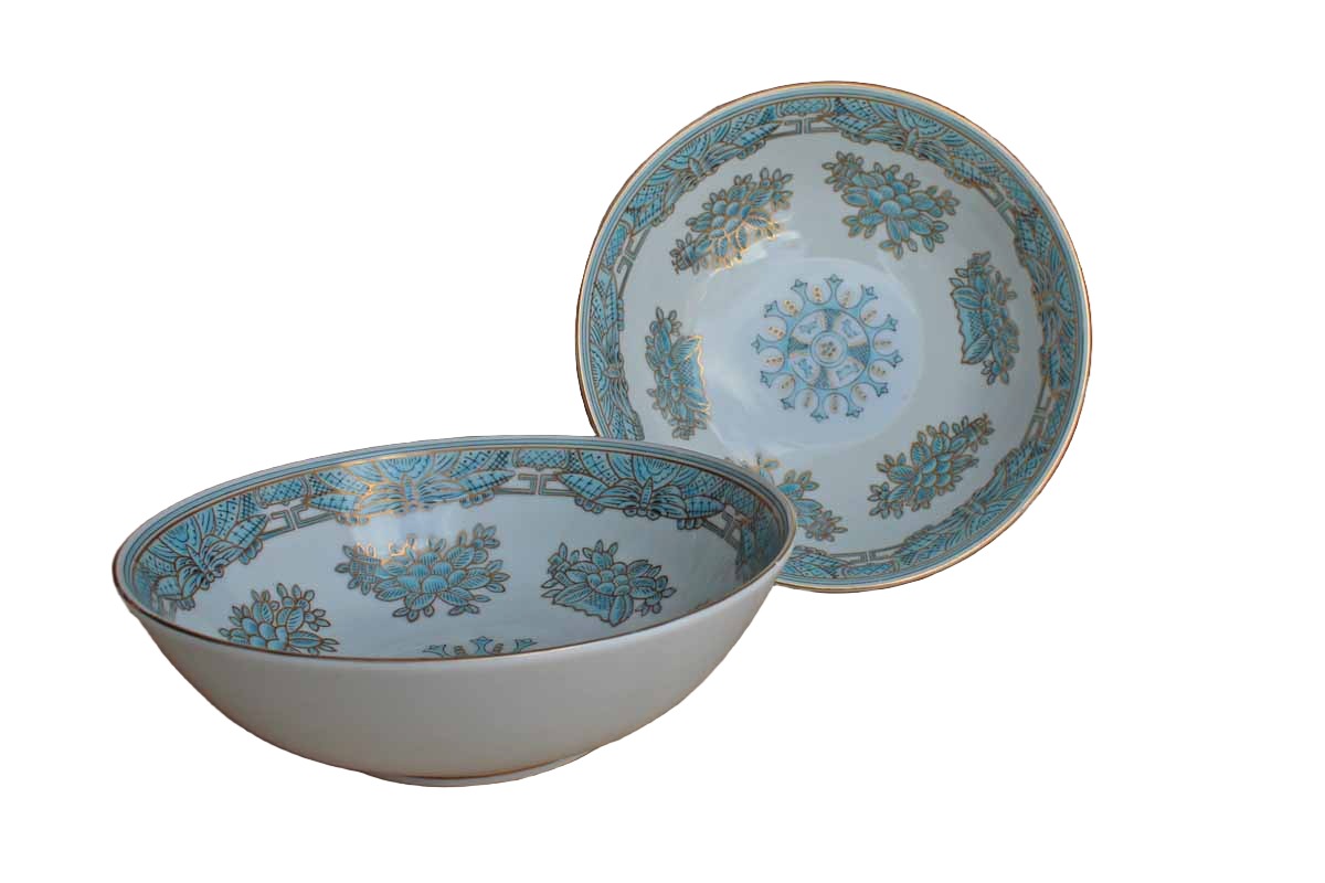 Round Porcelain Bowls Decorated with Blue and Gold Flowers and Butterflies, a Pair