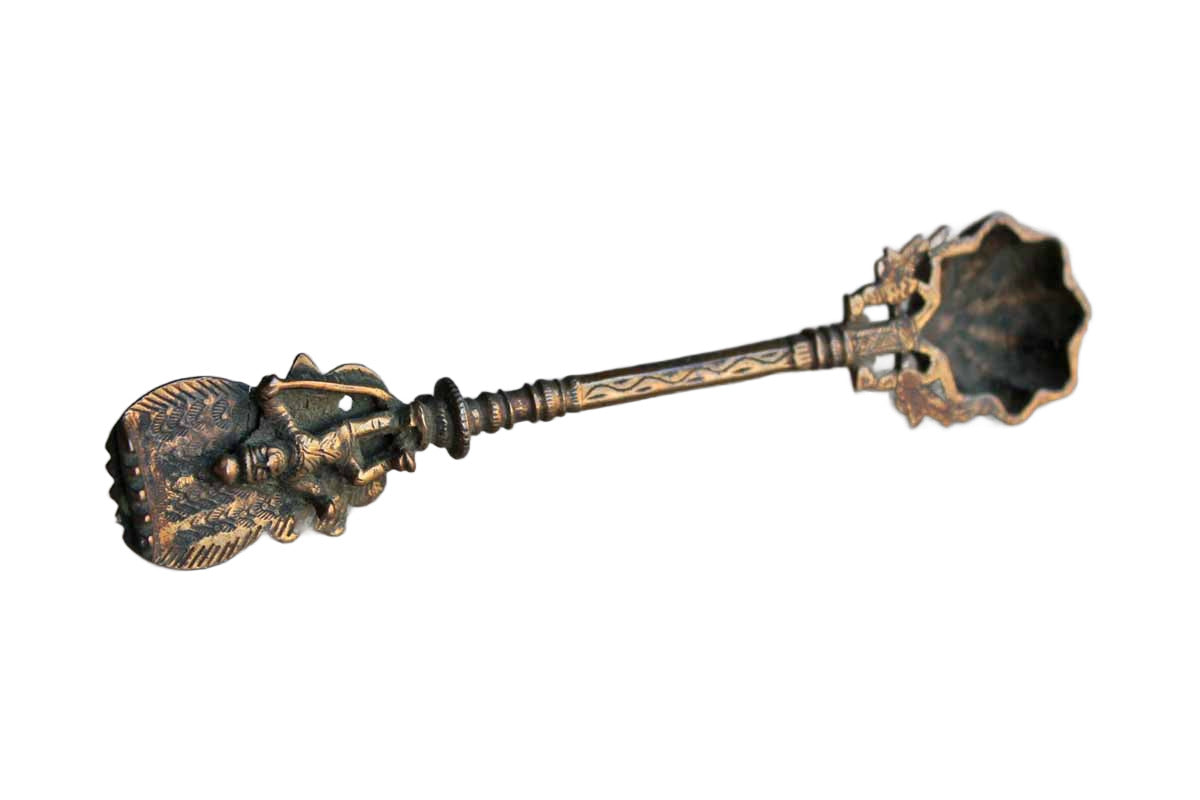 Gold Tone Brass Candle Snuffer with Decorative Finial and Ornate Etched Detailing