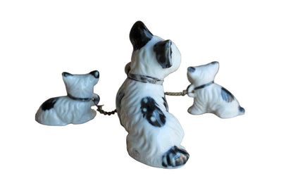Set of Three Black and White Porcelain Terriers on Chain Leashes