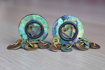 Bold and Artsy Dangle Pierced Earrings with Verdigris Copper Hoops and Triange Accent