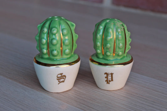Ceramic Salt and Pepper Shakers Shaped Like Green Cacti