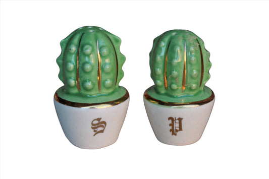 Ceramic Salt and Pepper Shakers Shaped Like Green Cacti