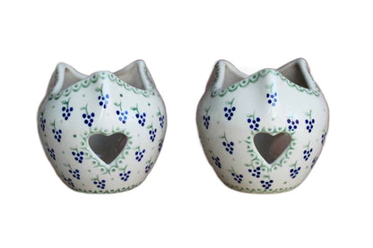 Boleslawiec Pottery (Poland) Hand-Decorated Ceramic Candle Holders with Grape Decorations, A Pair