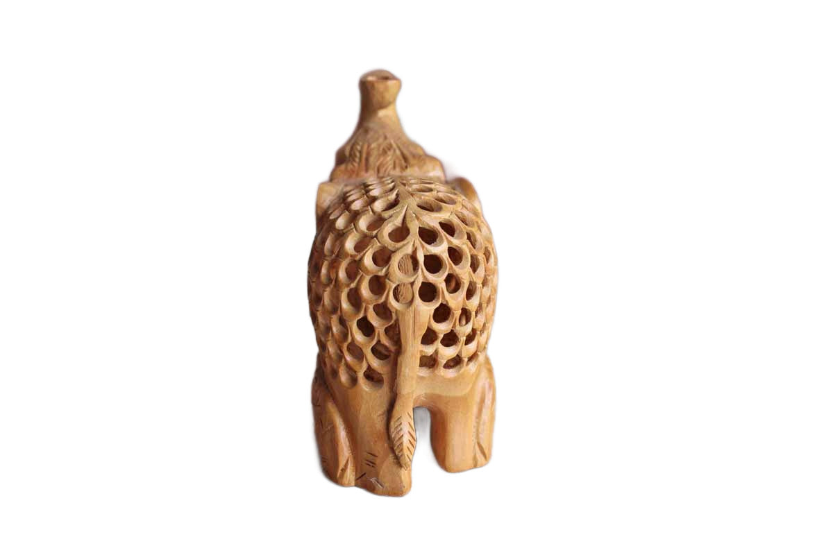 Hand Carved Indian Jali Openwork Mother Elephant With Baby Inside Kadam Wood Figurine