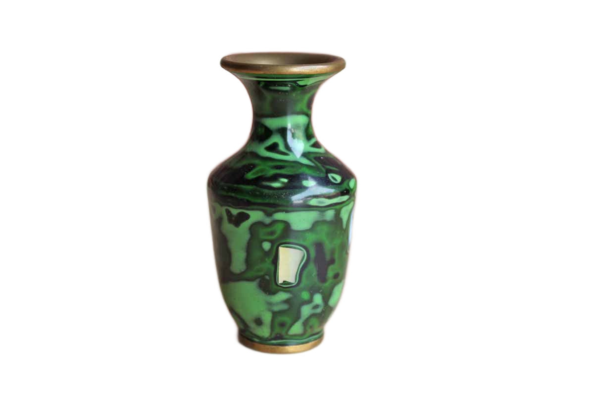 Brass and Enamel Bud Vase with Mother of Pearl Inlay