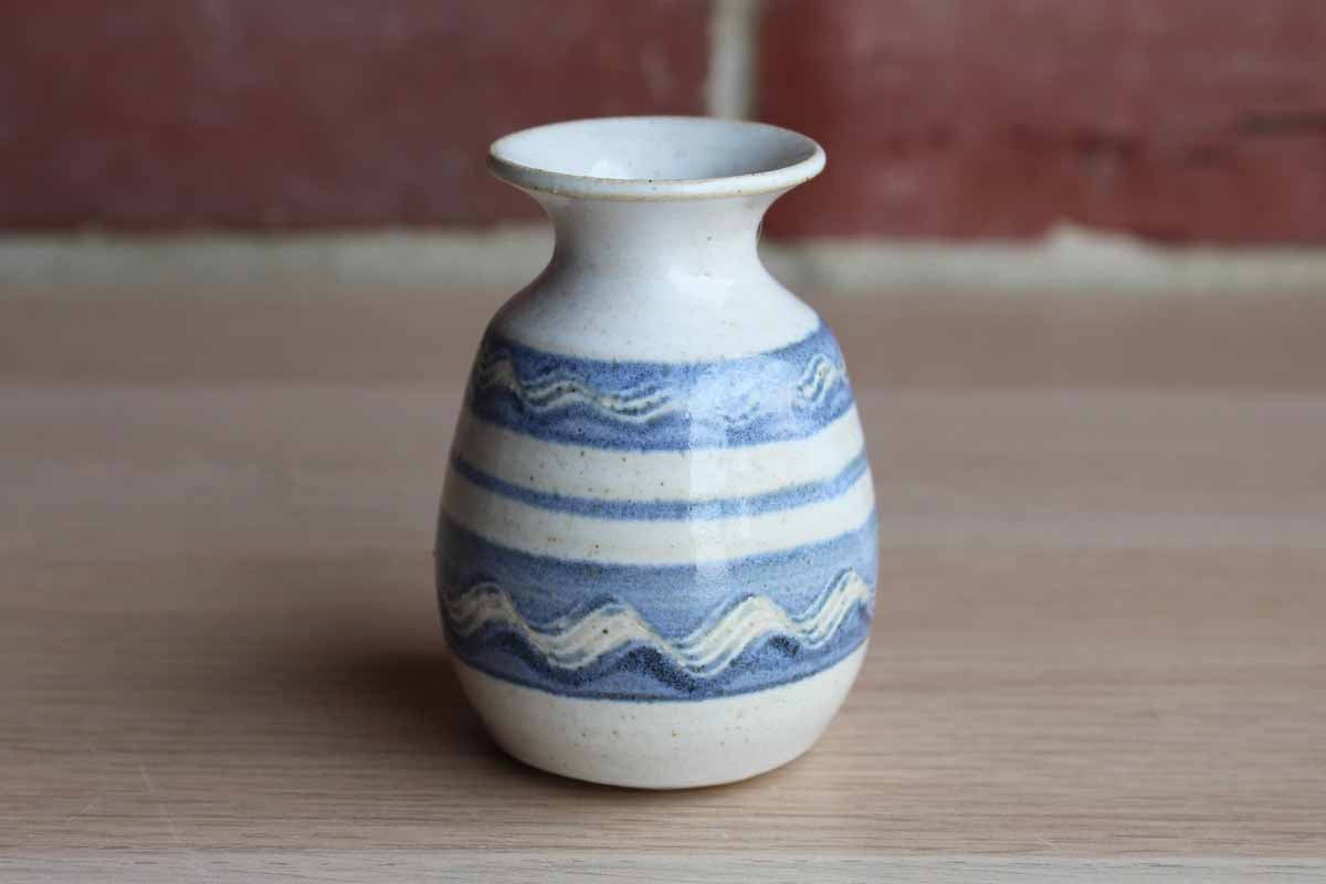 Ceramic Gray and Blue Bud Vase with Wavy Designs within Blue Stripes