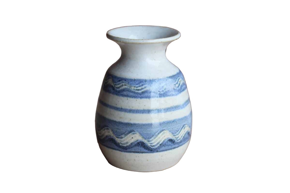 Ceramic Gray and Blue Bud Vase with Wavy Designs within Blue Stripes