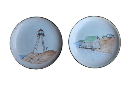 Hand-Painted Small Metal Plates with Nova Scotia Lighthouse and Fishing Shack, A Pair