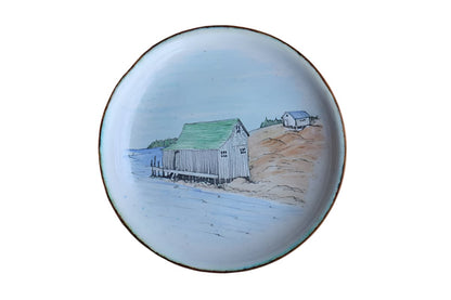 Hand-Painted Small Metal Plates with Nova Scotia Lighthouse and Fishing Shack, A Pair