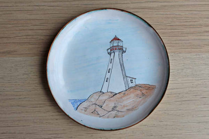 Hand-Painted Small Metal Plates with Nova Scotia Lighthouse and Fishing Shack, A Pair