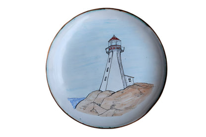 Hand-Painted Small Metal Plates with Nova Scotia Lighthouse and Fishing Shack, A Pair