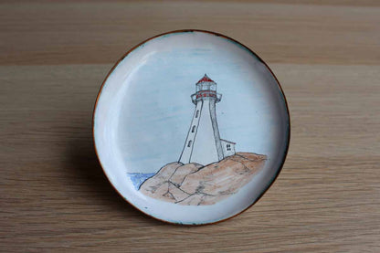 Hand-Painted Small Metal Plates with Nova Scotia Lighthouse and Fishing Shack, A Pair