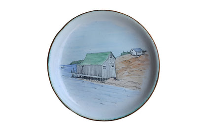 Hand-Painted Small Metal Plates with Nova Scotia Lighthouse and Fishing Shack, A Pair