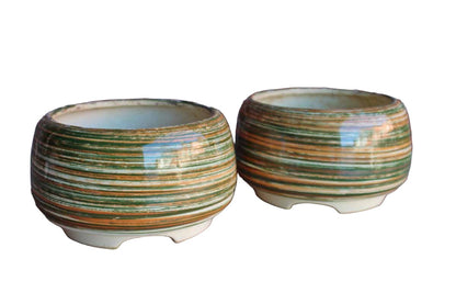 Colorful Striped Ceramic Planters, A Pair