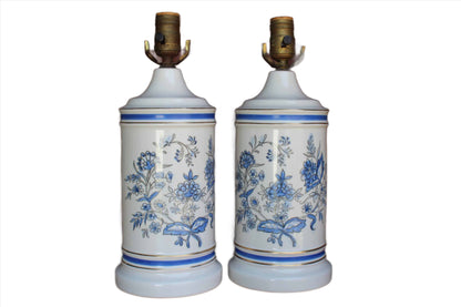 Matching Pair of Ceramic Lamps Painted with Blue Flowers