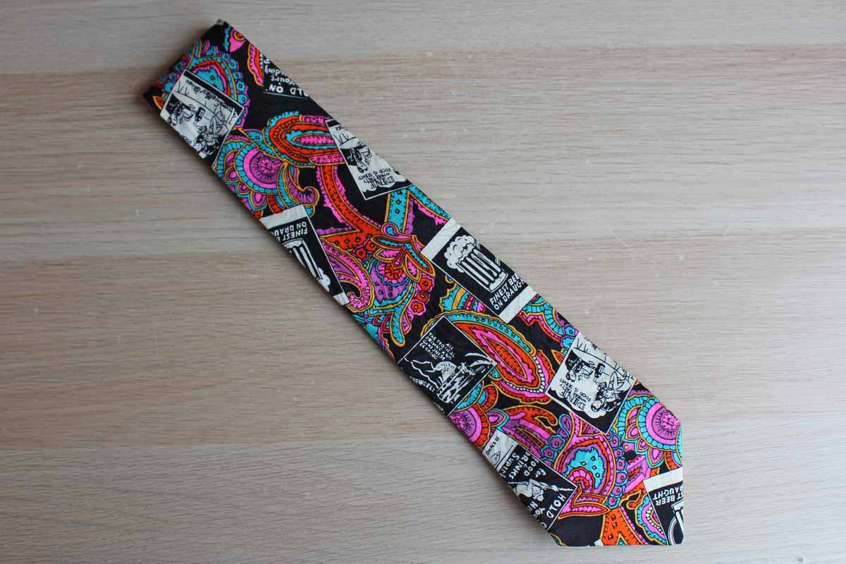 Papell Silk Necktie with Paisley and Drinking Themes Design