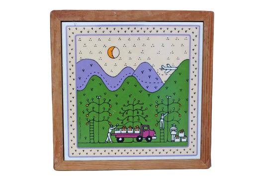 Ceramic Tile Decorated with Apple Pickers Loading a Red Wagon with Mountains and an Airplane
