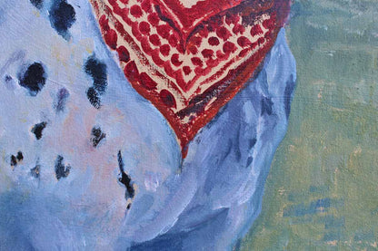Original Framed and Signed Oil Painting of a Dalmatian Wearing a Red Bandana by Joan Promin, 1987