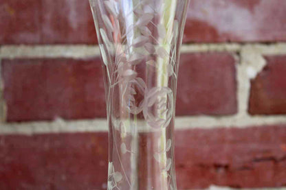 Clear Glass Pedestal Vases with Etched Flowers and Leaves, A Pair