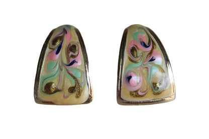 Gold Tone Colorfully Painted Enameled Pierced Earrings with Gently Curving Form
