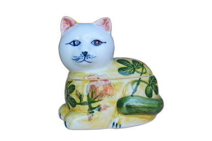 Colorful Lidded Ceramic Cat Trinket Box, Handcrafted in Thailand