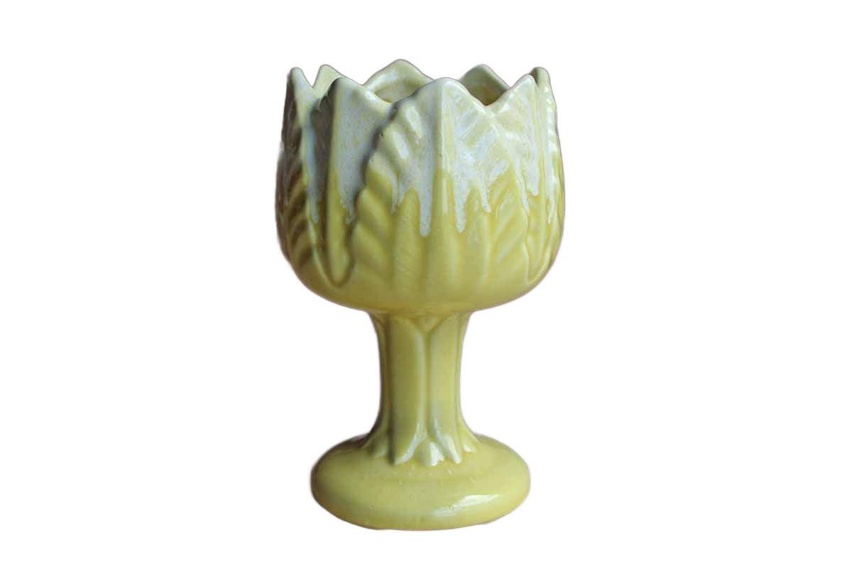 Yellow Glazed Pedestal Planter with Embossed Leaf Detailing