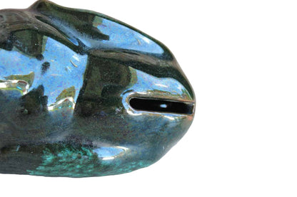 Canuck Pottery (Canada) Evangeline Ware Green and Black Drip Glaze Basset Hound Coin Bank