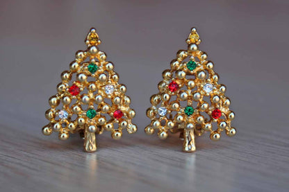 Gold Tone Christmas Tree-Shaped Non-Pierced Earrings with Colorful Rhinestones