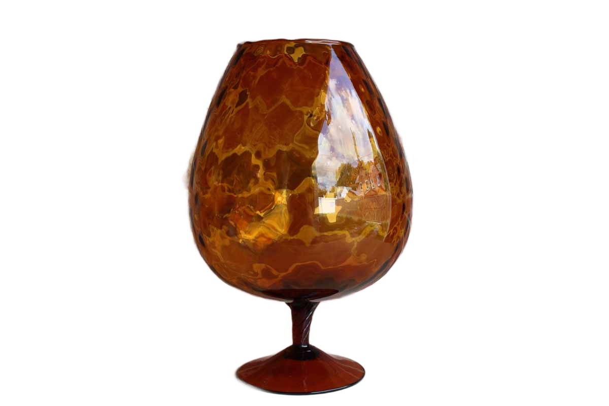 Empoli (Italy) Huge Amber Glass Fishbowl Vase with Diamond Optic Pattern and Twisted Stem Base (Pickup Only)