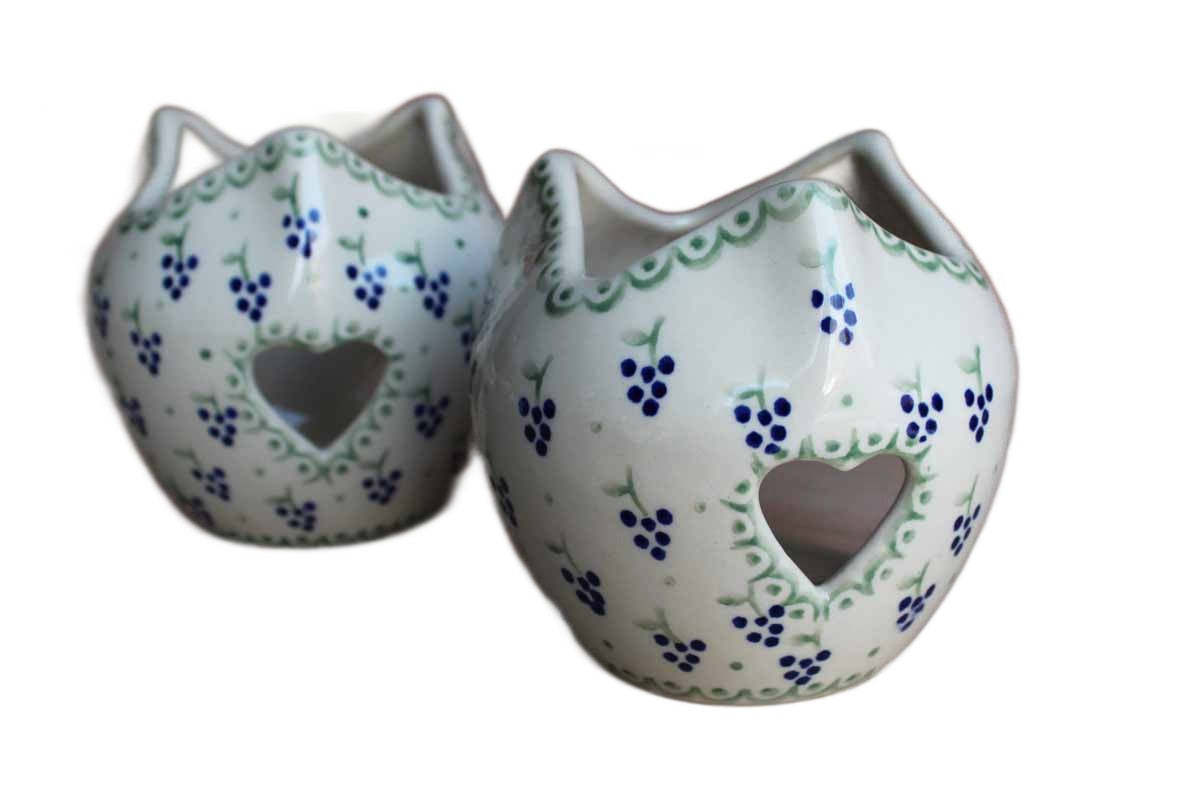 Boleslawiec Pottery (Poland) Hand-Decorated Ceramic Candle Holders with Grape Decorations, A Pair