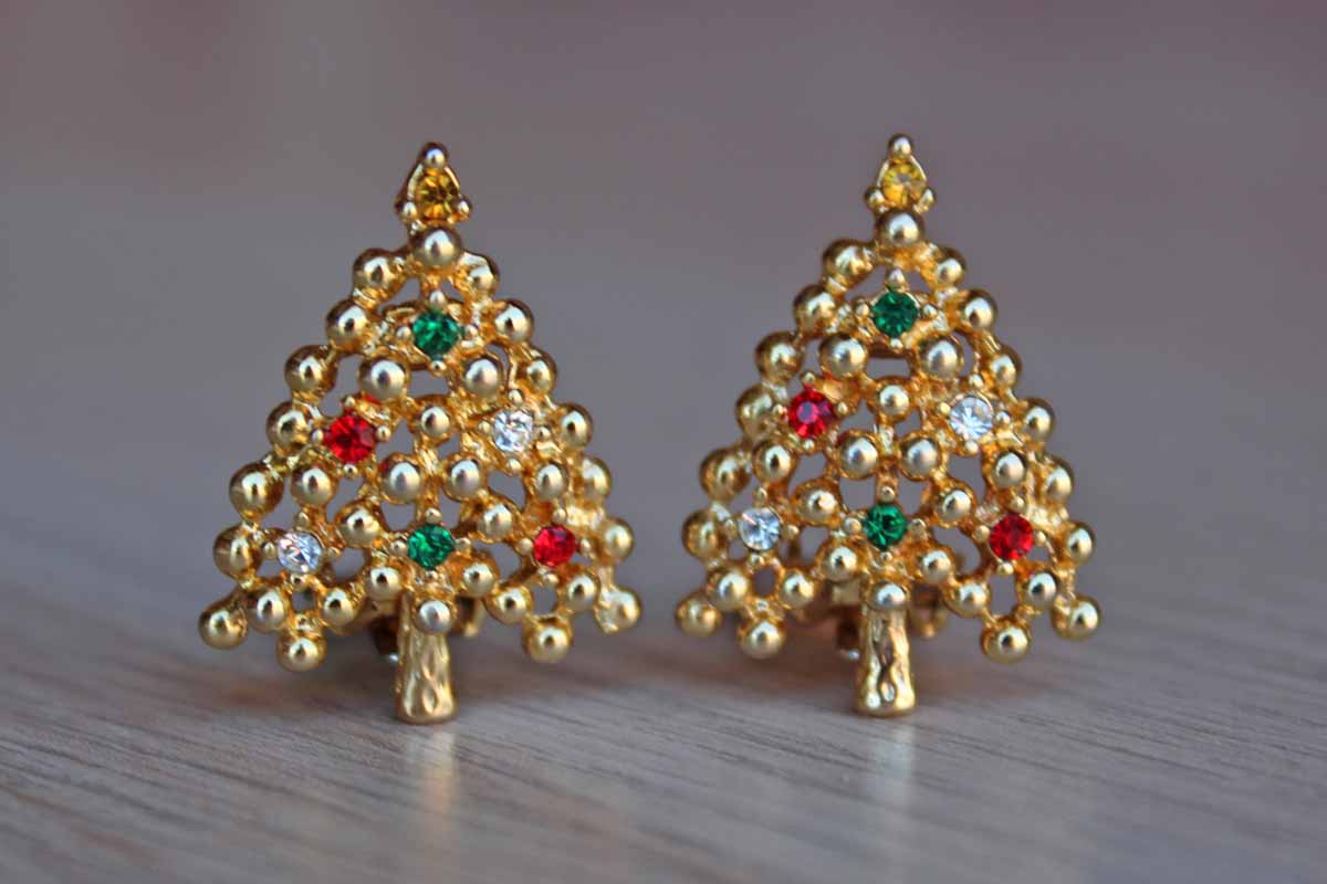 Gold Tone Christmas Tree-Shaped Non-Pierced Earrings with Colorful Rhinestones