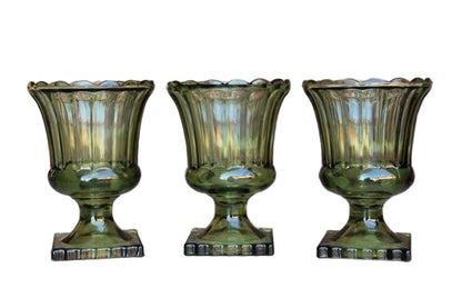Green Pressed Glass Pedestal Urn Vases, Set of 3