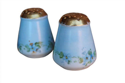 Salt and Pepper Shakers Decorated with Hand Painted Flowers and Gilded Tops