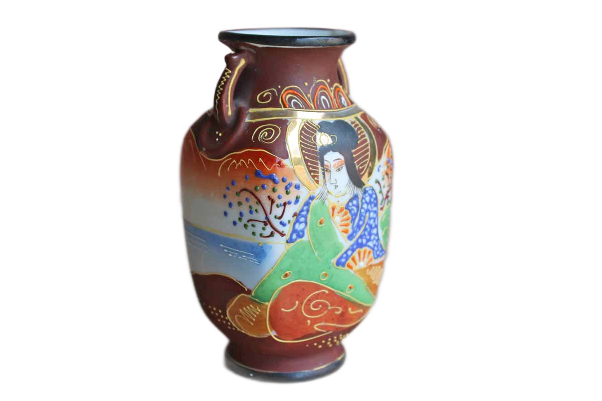 Small Hand Painted Satsuma Vase with Immortal Kannon, Goddess of Mercy