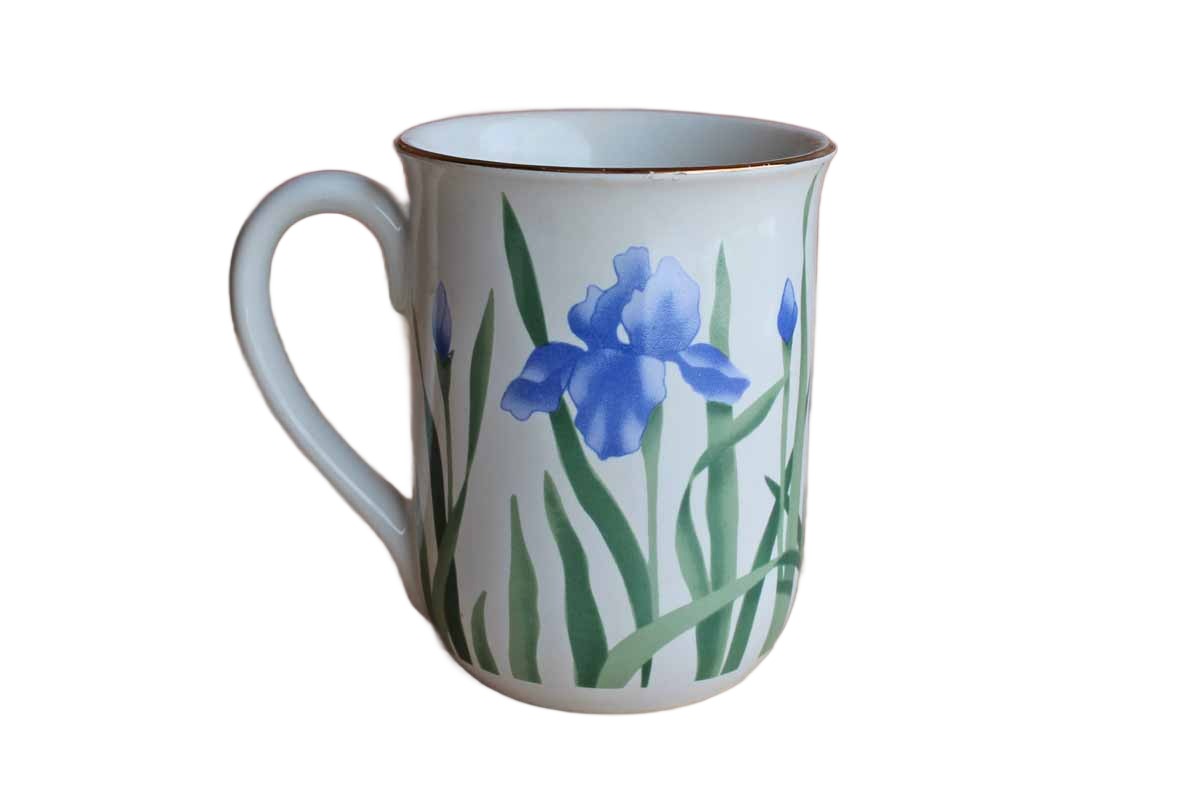 Elizabeth King Brown for Otagiri Ceramic Mug Decorated with a Cat Amidst Purple Irises