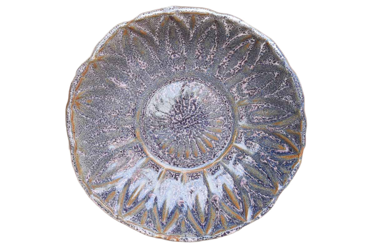 Stoneware Plate with Impressed Petal Designs and Purple/Tan/Green Glazes