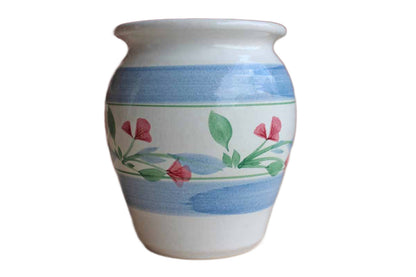 Handmade Stoneware Flower Vase with Painted Blue Bands and Flowers