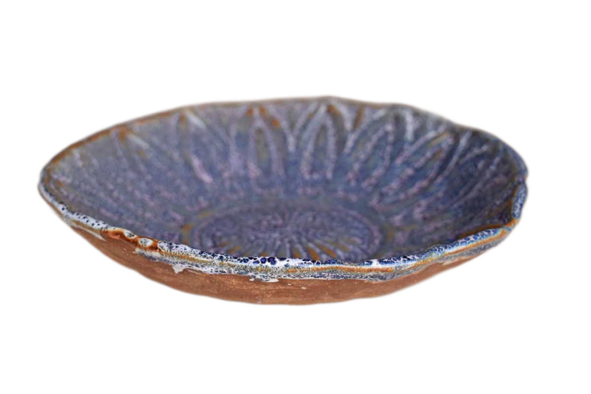 Stoneware Plate with Impressed Petal Designs and Purple/Tan/Green Glazes