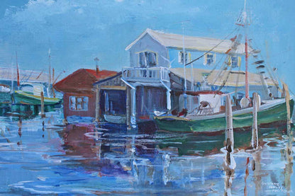 Signed Original Oil Painting of Fishing Boats at Cape May Harbor by Constance Lepley Poulterer