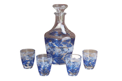 Verrerie Cristallerie D'Arques (France) Blue and White Floral Glass Decanter with Four Glasses