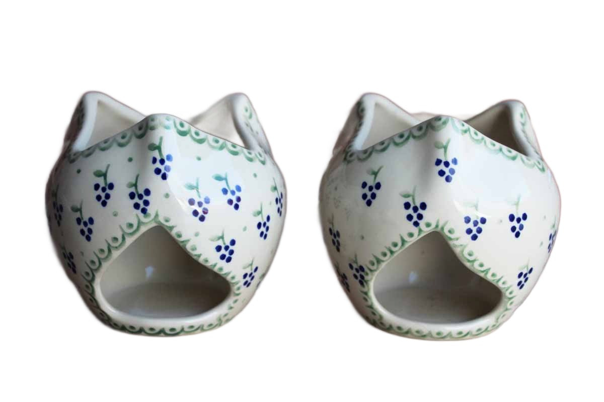 Boleslawiec Pottery (Poland) Hand-Decorated Ceramic Candle Holders with Grape Decorations, A Pair